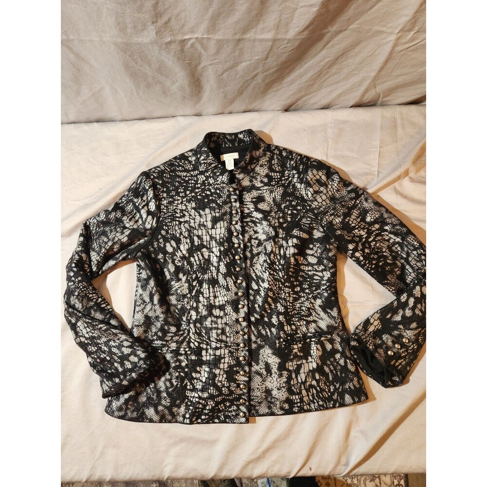 Chico’s Black Silver Metallic Snake Print Snap Button Down Jacket Size 0